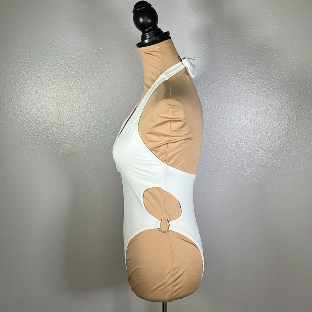 White plunge side cut out o- ring detail sexy glam Y2K one piece swimsuit sz S - Picture 2 of 7